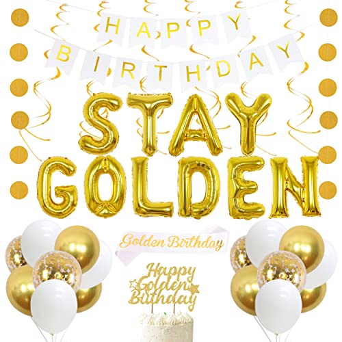 Stay Golden Birthday Party Decoration Happy Birthday Banner Decoration Happy Golden Birthday Cake Topper Stay Golden Balloons Sash for Boy Girl Adults Gold Hanging Swirl Circle Dots Garland Decor