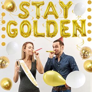 Stay Golden Birthday Party Decoration Happy Birthday Banner Decoration Happy Golden Birthday Cake Topper Stay Golden Balloons Sash for Boy Girl Adults Gold Hanging Swirl Circle Dots Garland Decor