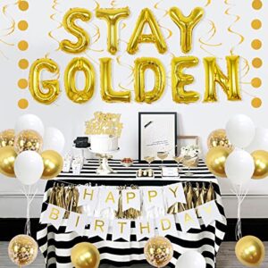 Stay Golden Birthday Party Decoration Happy Birthday Banner Decoration Happy Golden Birthday Cake Topper Stay Golden Balloons Sash for Boy Girl Adults Gold Hanging Swirl Circle Dots Garland Decor