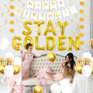 Stay Golden Birthday Party Decoration Happy Birthday Banner Decoration Happy Golden Birthday Cake Topper Stay Golden Balloons Sash for Boy Girl Adults Gold Hanging Swirl Circle Dots Garland Decor