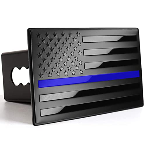 American Flag Metal Trailer Hitch Cover (Fits 2" Receiver, Black with Thin Blue Line)