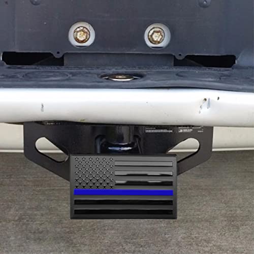 American Flag Metal Trailer Hitch Cover (Fits 2" Receiver, Black with Thin Blue Line)