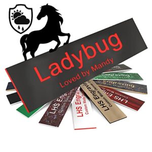 lhs | horse stall name plate, 2x8 personalized stall signs, uv protected, all weather adhesive, hanging, mounting or other, plastic with red letters | made in usa - b19