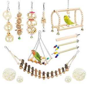 allazone 14 pcs bird parrot toys, bird perch toys hanging bell pet bird cage hammock swing toy wooden chewing toy for conures, love birds, small parakeets cockatiels, macaws