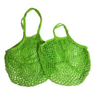 modo reusable (2 pack) string cotton net shopping bags 1 short & 1 long handle bag multipurpose toys storage (neon green)