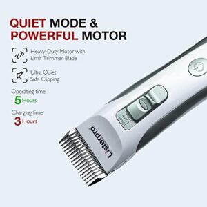 listerpro Dog Clippers Professional Heavy Duty Dog Grooming Clipper Low Noise High Power Rechargeable Cordless Pet Grooming Tools for Small & Large Dogs Cats Pets (with Blade 1mm 3mm 6mm 9mm)