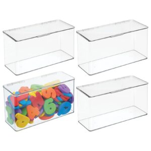 mdesign plastic stackable playroom/gaming storage organizer bin box with hinged lid for drawer or cabinet - organize electronics, crayons, games, blocks, toys, lumiere collection - 4 pack - clear