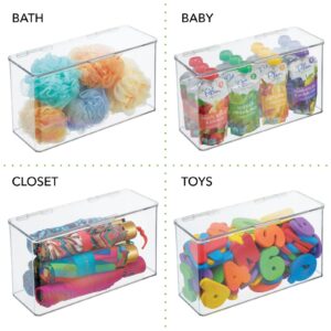 mDesign Plastic Stackable Playroom/Gaming Storage Organizer Bin Box with Hinged Lid for Drawer or Cabinet - Organize Electronics, Crayons, Games, Blocks, Toys, Lumiere Collection - 4 Pack - Clear