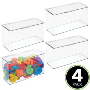 mDesign Plastic Stackable Playroom/Gaming Storage Organizer Bin Box with Hinged Lid for Drawer or Cabinet - Organize Electronics, Crayons, Games, Blocks, Toys, Lumiere Collection - 4 Pack - Clear