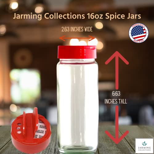 JARMING COLLECTIONS Glass Spice Jars with Shaker Lids - Spice Containers 16 oz Seasoning Shaker for Parmesan Cheese, Cinnamon Sugar Dispenser or as Salt Container with lid