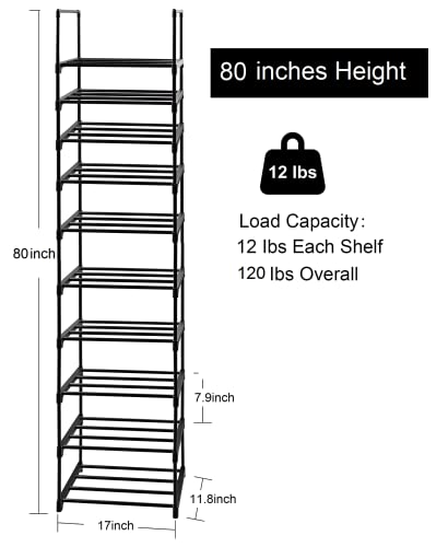 Easyhouse 10 Tier Metal Sturdy Shoe Rack, Narrow Tall Shelf Organizer for Entryway, Closet, Bedroom