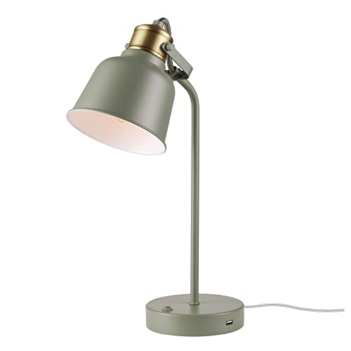 Globe Electric 30296 18" Desk Lamp with 2.1 USB Port, Matte Sage Green, Brass Accents, Push Button On/Off Switch, Home Décor, Desk Lamps for Home Office, Home Office Accessories