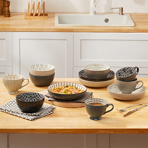 Signature Housewares Pad Print Set of 4 Assorted Dinner Bowls 8.5", 22oz, PP Gray