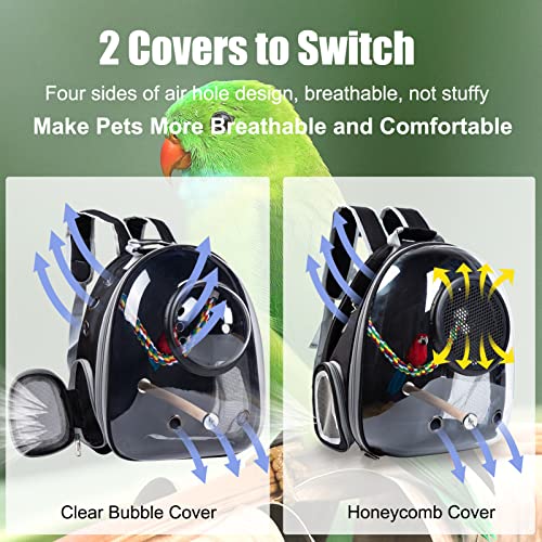 Bird Carrier Backpack Travel Cage - Lightweight Breathable Bubble Pet Bag with Portable Small Bird Feeder Cups and Parrot Toys Transparent Space Capsule Backpack for Parakeets Cockatiel