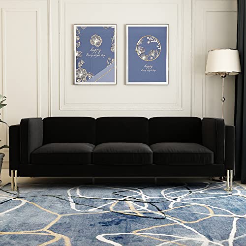 Hommoo 94" W 3 Seat Couch Mid Century Velvet Sofa with Metal Gold Legs Chesterfield with Removable Cushion Comfortable Sofa Couch for Small Apartment Living Room Bedroom Black