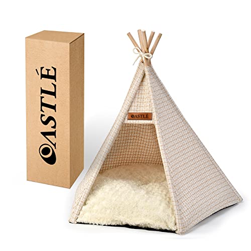 OASTLÉ Dog & Cat Teepee, Small to Medium Pet Teepee Bed with Thick Plush Pad, 27 Inch Tall, Cat Teepee and Dog Tent Bed for Pets Up to 20lbs