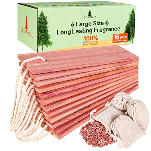 Cedar Blocks for Clothes Storage - 16PCS Premium Cedar Chips, Hangers, Cedar Sachets Bags with 100% Natural Cedar Wood Planks - Used for Closet Freshener, Boxes, Bins and Drawers.