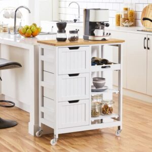 yaheetech kitchen island cart on wheels with 3 drawers and 3 open shelves, rolling kitchen island coffee bar trolley with bamboo countertop, removable tray & lockable casters for dining room, white