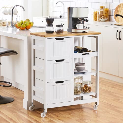 Yaheetech Kitchen Island Cart on Wheels with 3 Drawers and 3 Open Shelves, Rolling Kitchen Island Coffee Bar Trolley with Bamboo Countertop, Removable Tray & Lockable Casters for Dining Room, White