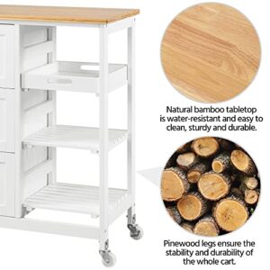 Yaheetech Kitchen Island Cart on Wheels with 3 Drawers and 3 Open Shelves, Rolling Kitchen Island Coffee Bar Trolley with Bamboo Countertop, Removable Tray & Lockable Casters for Dining Room, White