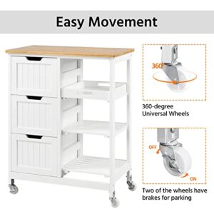 Yaheetech Kitchen Island Cart on Wheels with 3 Drawers and 3 Open Shelves, Rolling Kitchen Island Coffee Bar Trolley with Bamboo Countertop, Removable Tray & Lockable Casters for Dining Room, White