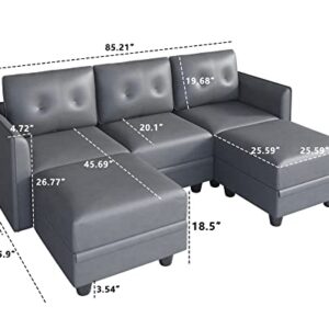 LLappuil Convertible Modular Sofa Faux Leather Fabric U Shaped Sectional with Reversible Chaise, 5 Seater Storage Sofa Sleeper Couch with Ottoman, Dark Grey