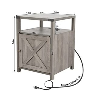 HOSEOKA Farmhouse Nightstand with Charging Station, Rustic End Table Bedroom with Storage Living Room Side Table Grey Night Stand Industrial Bedside Bed Table with USB Ports and Outlets