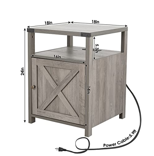 HOSEOKA Farmhouse Nightstand with Charging Station, Rustic End Table Bedroom with Storage Living Room Side Table Grey Night Stand Industrial Bedside Bed Table with USB Ports and Outlets