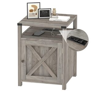 hoseoka farmhouse nightstand with charging station, rustic end table bedroom with storage living room side table grey night stand industrial bedside bed table with usb ports and outlets
