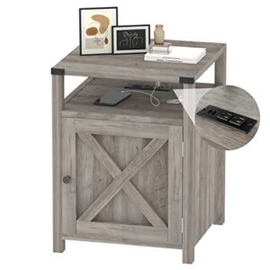 HOSEOKA Farmhouse Nightstand with Charging Station, Rustic End Table Bedroom with Storage Living Room Side Table Grey Night Stand Industrial Bedside Bed Table with USB Ports and Outlets