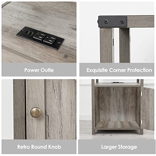 HOSEOKA Farmhouse Nightstand with Charging Station, Rustic End Table Bedroom with Storage Living Room Side Table Grey Night Stand Industrial Bedside Bed Table with USB Ports and Outlets