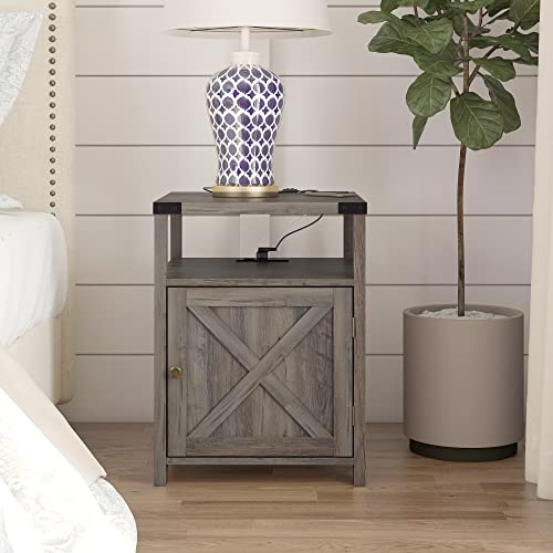 HOSEOKA Farmhouse Nightstand with Charging Station, Rustic End Table Bedroom with Storage Living Room Side Table Grey Night Stand Industrial Bedside Bed Table with USB Ports and Outlets