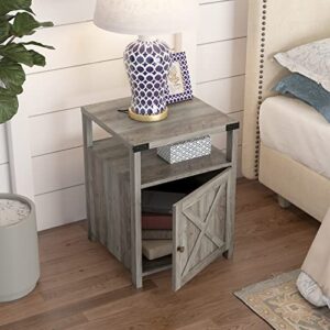 HOSEOKA Farmhouse Nightstand with Charging Station, Rustic End Table Bedroom with Storage Living Room Side Table Grey Night Stand Industrial Bedside Bed Table with USB Ports and Outlets