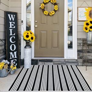 Black and White Striped Outdoor Rug 27.5"x43" Cotton Hand-Woven Reversible Foldable Washable Area Rug for Layered Door Mats Porch/Front Door, Entryway, Laundry Room, Farmhouse, Kitchen (27.5'' x 43'')