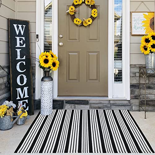 Black and White Striped Outdoor Rug 27.5"x43" Cotton Hand-Woven Reversible Foldable Washable Area Rug for Layered Door Mats Porch/Front Door, Entryway, Laundry Room, Farmhouse, Kitchen (27.5'' x 43'')