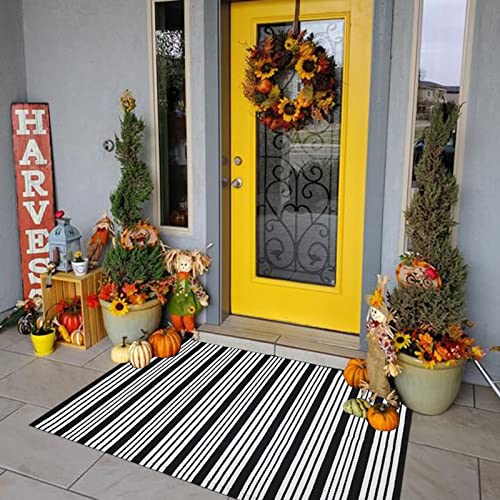 Black and White Striped Outdoor Rug 27.5"x43" Cotton Hand-Woven Reversible Foldable Washable Area Rug for Layered Door Mats Porch/Front Door, Entryway, Laundry Room, Farmhouse, Kitchen (27.5'' x 43'')