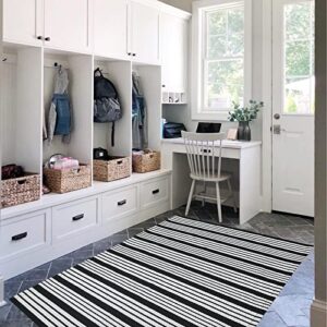 Black and White Striped Outdoor Rug 27.5"x43" Cotton Hand-Woven Reversible Foldable Washable Area Rug for Layered Door Mats Porch/Front Door, Entryway, Laundry Room, Farmhouse, Kitchen (27.5'' x 43'')