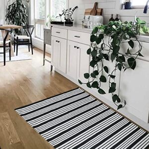 Black and White Striped Outdoor Rug 27.5"x43" Cotton Hand-Woven Reversible Foldable Washable Area Rug for Layered Door Mats Porch/Front Door, Entryway, Laundry Room, Farmhouse, Kitchen (27.5'' x 43'')