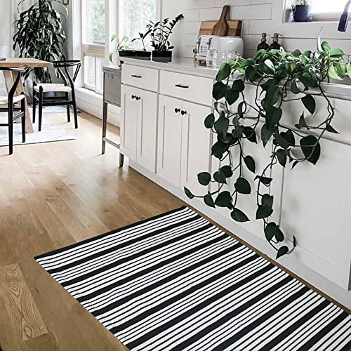 Black and White Striped Outdoor Rug 27.5"x43" Cotton Hand-Woven Reversible Foldable Washable Area Rug for Layered Door Mats Porch/Front Door, Entryway, Laundry Room, Farmhouse, Kitchen (27.5'' x 43'')