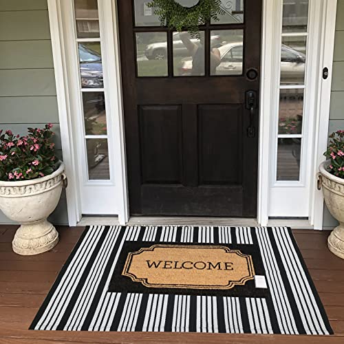 Black and White Striped Outdoor Rug 27.5"x43" Cotton Hand-Woven Reversible Foldable Washable Area Rug for Layered Door Mats Porch/Front Door, Entryway, Laundry Room, Farmhouse, Kitchen (27.5'' x 43'')