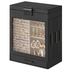 songmics jewelry box with glass window, 5-layer jewelry organizer with 3 side drawers, jewelry storage, with vertical storage space, big mirror, modern style, graphite black and silver ujbc162b01
