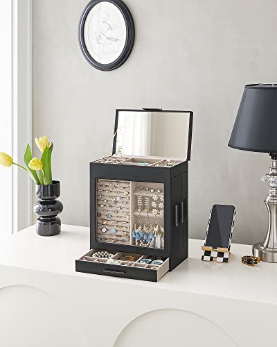 SONGMICS Jewelry Box with Glass Window, 5-Layer Jewelry Organizer with 3 Side Drawers, Jewelry Storage, with Vertical Storage Space, Big Mirror, Modern Style, Graphite Black and Silver UJBC162B01