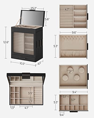 SONGMICS Jewelry Box with Glass Window, 5-Layer Jewelry Organizer with 3 Side Drawers, Jewelry Storage, with Vertical Storage Space, Big Mirror, Modern Style, Graphite Black and Silver UJBC162B01