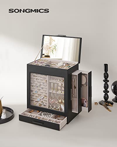 SONGMICS Jewelry Box with Glass Window, 5-Layer Jewelry Organizer with 3 Side Drawers, Jewelry Storage, with Vertical Storage Space, Big Mirror, Modern Style, Graphite Black and Silver UJBC162B01