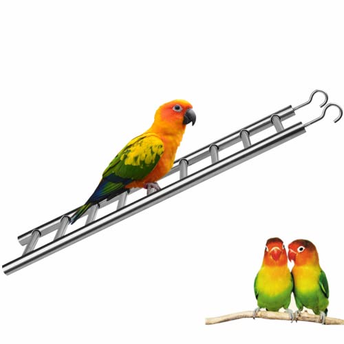 GEKMOR Parrot Ladder 9-Step Stainless Steel Rustproof Metal Nonskid Smooth Portable Bird Cage Ladder with Hooks Cockatiel Stand Ladder for Parrots Parakeets Cockatoos Lovebirds