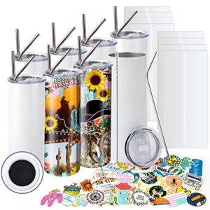 ROTERSTEIN 8 Pack 20 oz Sublimation Tumbler Set Double Walled Stainless Steel Skinny Straight Blank Tumbler Bulk with Lid, Straw, DIY Stickers Shrink Wrap, Rubber Base for Heat Transfer Heat Press