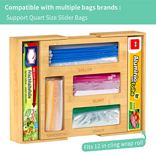 NPPLUS Bag Storage Organizer, Expandable Kitchen Drawer Holder, Bamboo Food Storage Bags Dispenser For Gallon, Quart, Sandwich, Snack Freezer Bags and Fits 12" Length Wrap Rolls, (Bamboo)