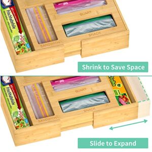 NPPLUS Bag Storage Organizer, Expandable Kitchen Drawer Holder, Bamboo Food Storage Bags Dispenser For Gallon, Quart, Sandwich, Snack Freezer Bags and Fits 12" Length Wrap Rolls, (Bamboo)
