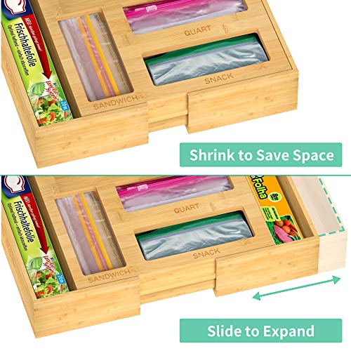 NPPLUS Bag Storage Organizer, Expandable Kitchen Drawer Holder, Bamboo Food Storage Bags Dispenser For Gallon, Quart, Sandwich, Snack Freezer Bags and Fits 12" Length Wrap Rolls, (Bamboo)