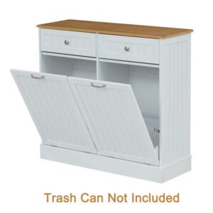 kinbor Double Tilt Out Trash Cabinets - Wooden Kitchen Trash Cabinet Bin, Free Standing Trash Can Holder & Recycling Cabinet with Hideaway Drawers, White